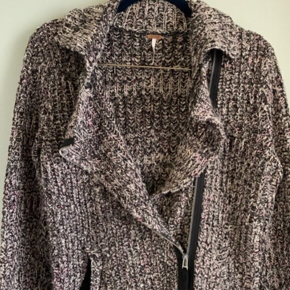 Free People Salt & Pepper Zip Moto Jacket Sweater Size L - Picture 5 of 7